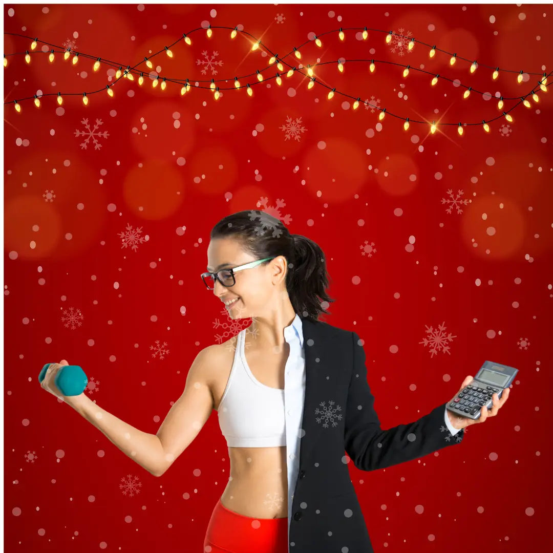 Split photo of workout attire and business wear for staying consistent in your fitness routine during the holiday season.