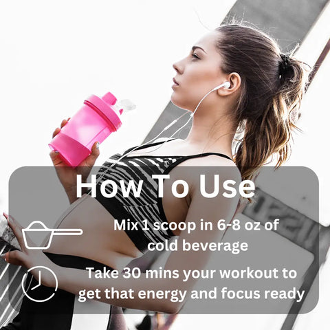 Woman in workout attire holds pink shaker bottle of PRE - Energy, Focus, Strength.